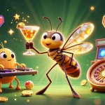FABET casino mascot embodies excitement, showcasing vibrant games and golden elements in a fun gaming scene.