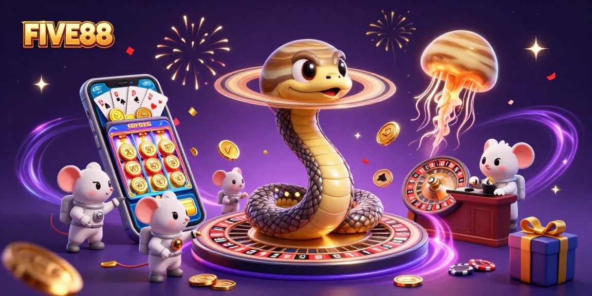 Bet on cosmic adventures at FIVE88 with a dynamic scene featuring a Saturn ring snake and astronaut mice.