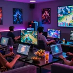 Friends in a luxurious gaming lounge enjoying iwin online games with vibrant graphics.