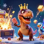 Experience FABET's vibrant online casino world with a friendly T-Rex shuffling cards in a colorful gaming scene.