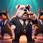 d-y's vibrant casino illustration showcases a bulldog boss and Doberman bodyguards amidst slot machines, embodying a lively gaming atmosphere.