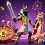 Experience the excitement of TA88 casino action with Anubis and Bastet amid flying coins and gaming elements.