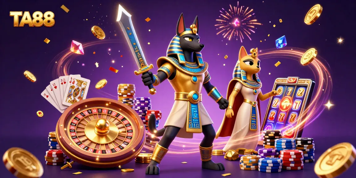 Experience the excitement of TA88 casino action with Anubis and Bastet amid flying coins and gaming elements.