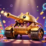 Engage in thrilling gameplay with VU88’s lively casino illustration featuring colorful slot games and gold coins.