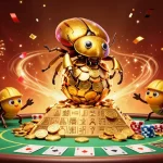 Xoilac offers a vibrant online gambling experience with a dynamic scene featuring golden beetles engaging in a casino atmosphere.