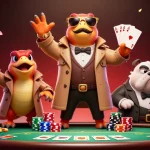 tr88 raptors play poker in a VIP casino, creating a humorous scene with suspense