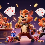 Join the fun at HITCLUB with lively hyenas in a vibrant casino environment, showcasing gaming thrills.