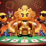 8LIVE poker scene featuring a mob boss bee and his bodyguards, rich in gambling elements.