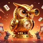 Experience the thrill of 8live with cartoon owl and wind-up mice in a vibrant casino scene.