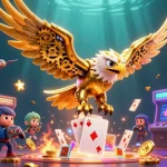 Experience the thrill of instant payout casinos with a dynamic 3D illustration featuring a golden eagle amidst gambling elements.