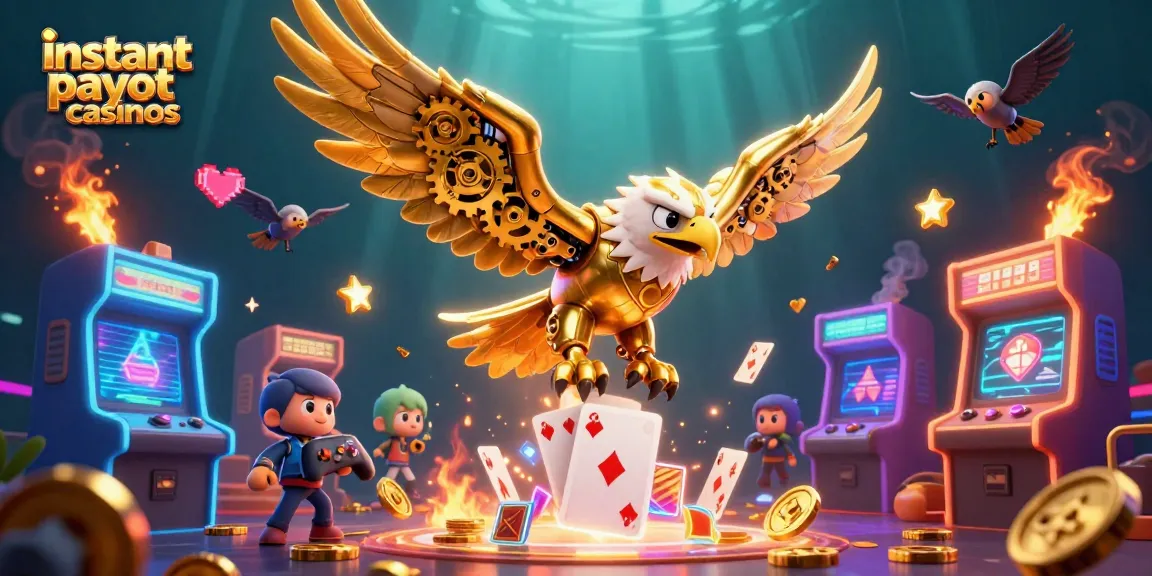 Experience the thrill of instant payout casinos with a dynamic 3D illustration featuring a golden eagle amidst gambling elements.