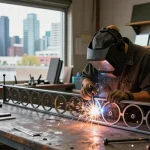 Custom metal fabrication in Vancouver: expert metalworker welding decorative steel railing.