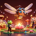 Engaging scene showcasing vua88sss with a dragonfly pilot, frog croupier, and vibrant casino elements.