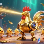 Engage in thrilling 99ok gameplay with a golden rooster robot and baby chick drones amid a vibrant gambling scene.