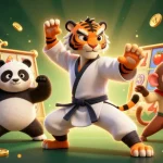 Experience slot gacor with this lively 3D scene featuring kung fu characters amidst vibrant slot game elements.