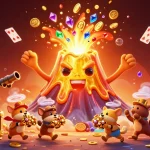 Experience thrilling wins at lu88 with a vibrant illustration of a golden erupting volcano surrounded by treasure!