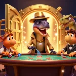 Experience thrilling gambling action at rakhoitv with dinosaur characters at a blackjack table amidst gold treasures.