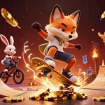 Kickflip by a fox in an instant withdrawal casino scene packed with casino elements and energy