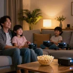 Proiector LED iluminând un living modern, familia bucurându-se de o seară de filme.