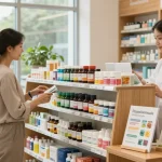 Parapharmacie Canada offering diverse health products, woman exploring wellness options.