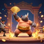 Experience F8BET excitement with a 3D sumo beetle champion stomping coins in a dynamic casino scene.